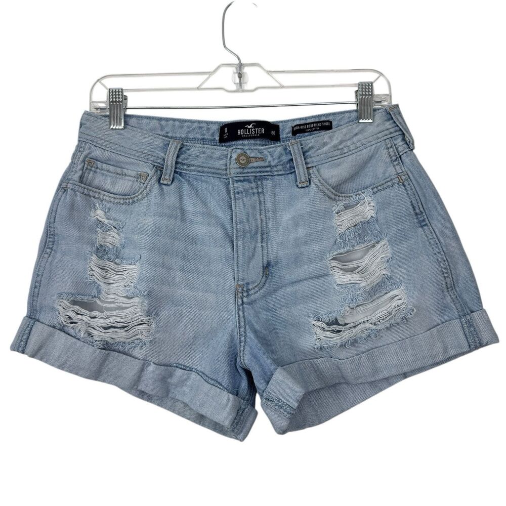 Hollister High Rise Boyfriend Short SZ 11 / 30 Light Wash Distressed Button Fly - Picture 11 of 11